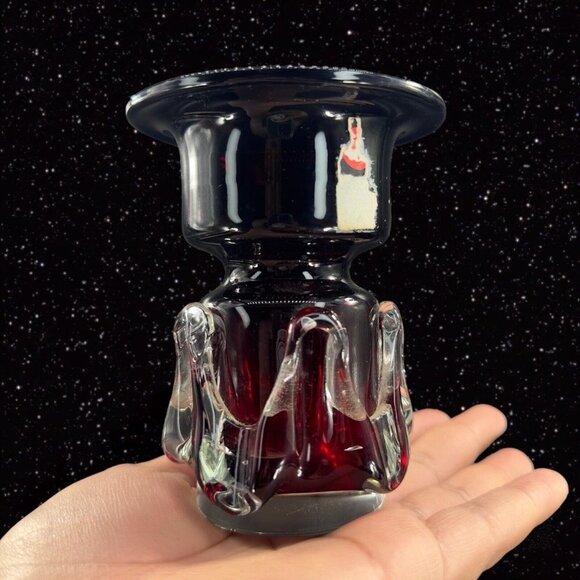 Polish Art Glass Red W Clear Swirls Vase Single Candle Holder From Poland VTG - Picture 9 of 11